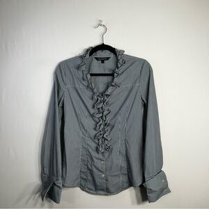 Express Design Studio Pinstripe Ruffle Collar Button Career Peasant Blouse Sz S